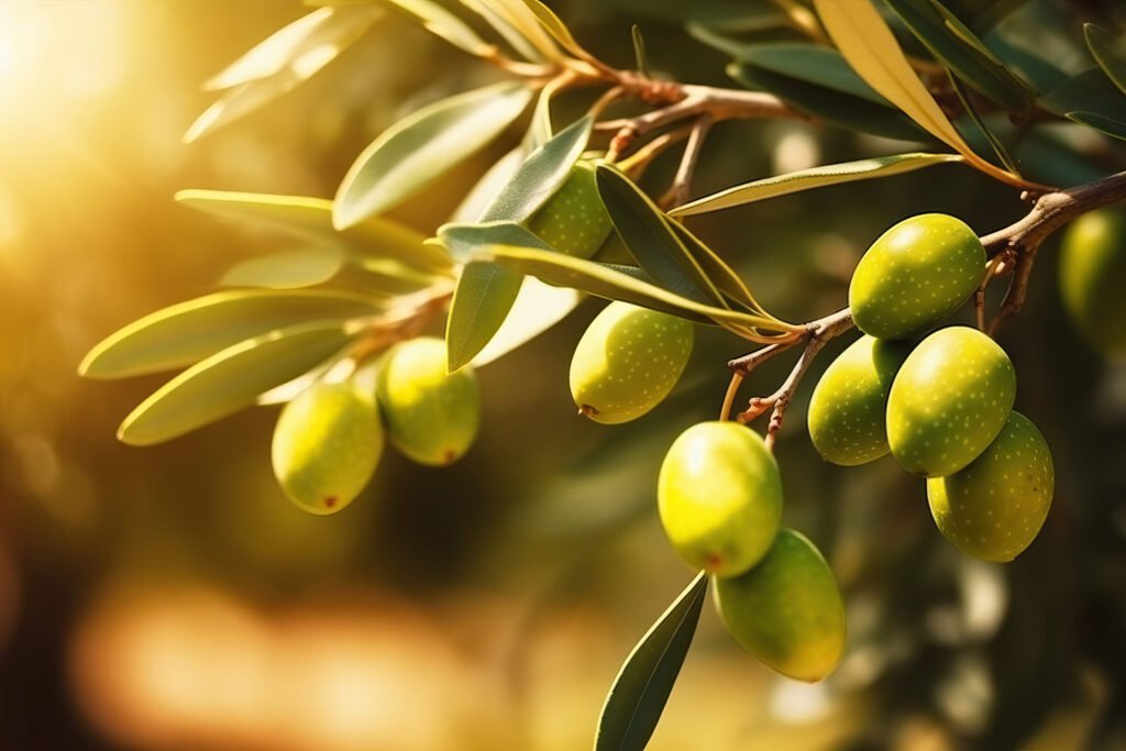 green olives glistening on a sunlit tree branch in the orchard