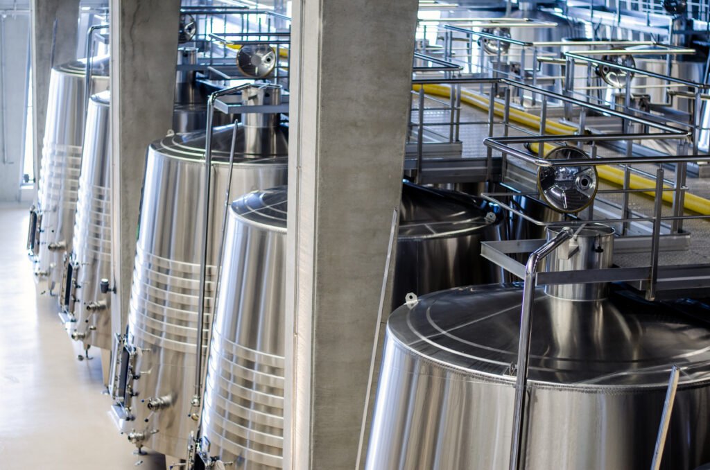 modern winery with big steel barrels